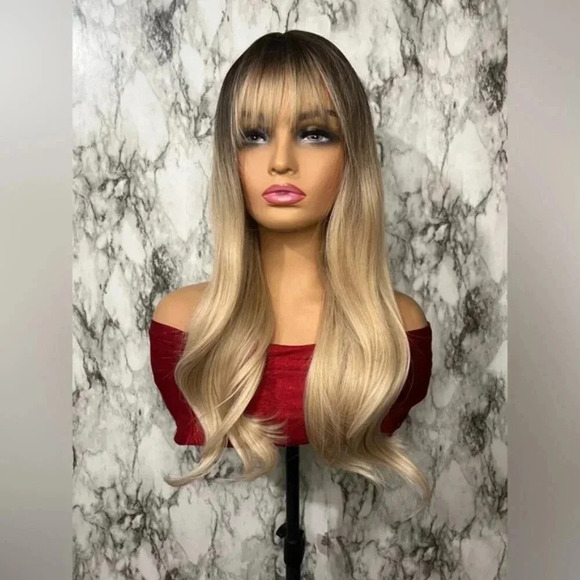 26” Balayage Light Blonde Wavy long Hair Wig & bangs Natural look for daily use - Picture 6 of 10